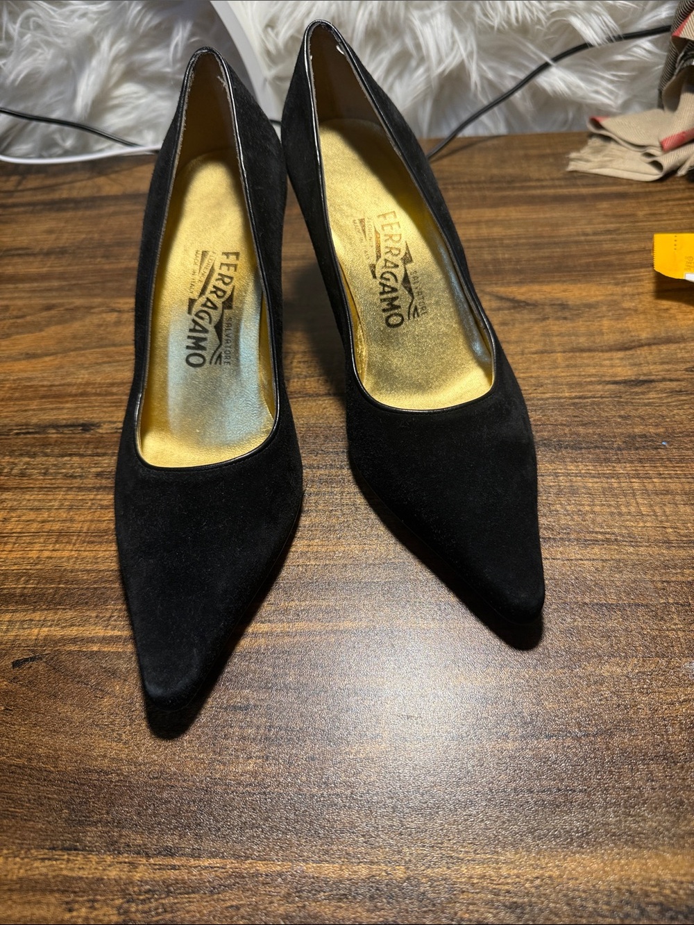 Salvatore Ferragamo Black Suede Pointed Pumps with Gold Insole
